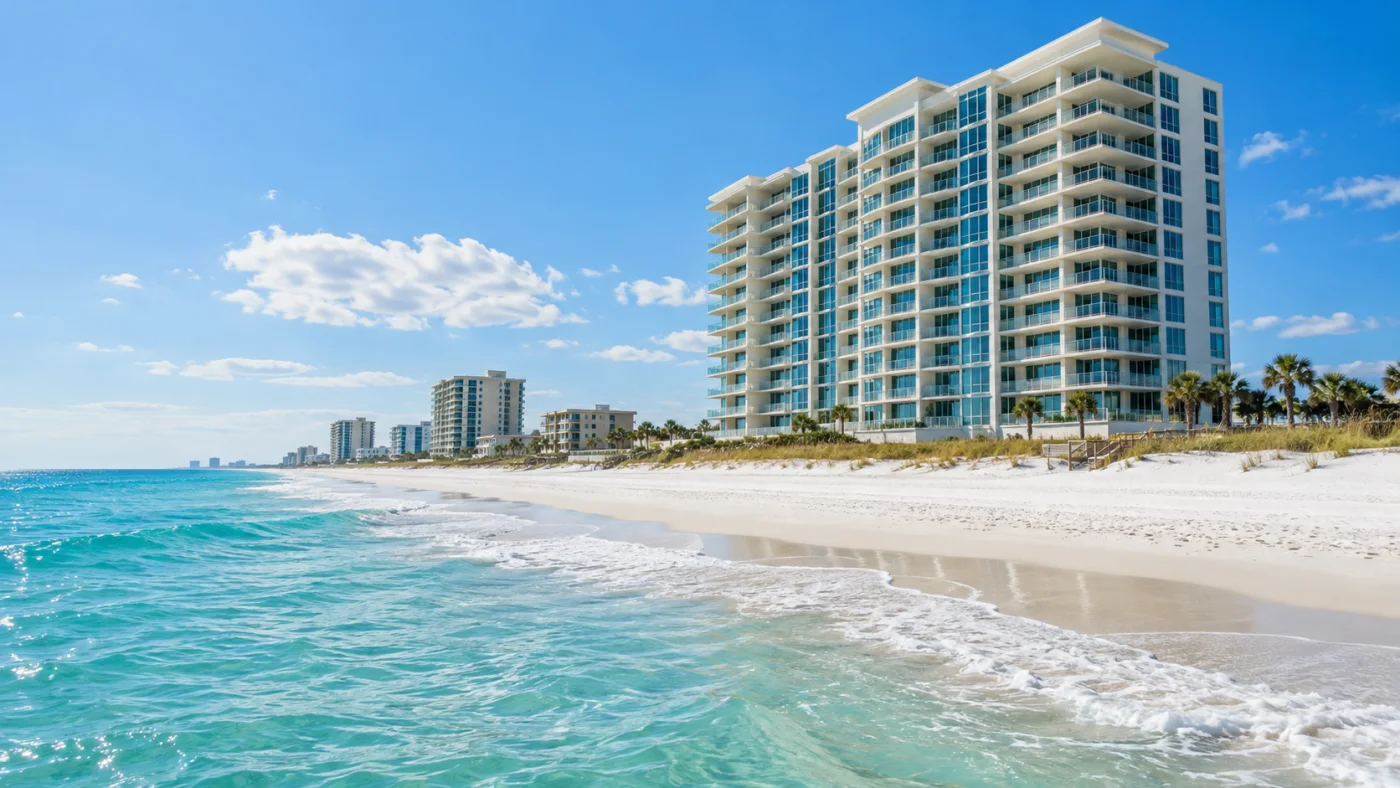Sunlit Gulf Shores-inspired beachfront condominium and Gulf water