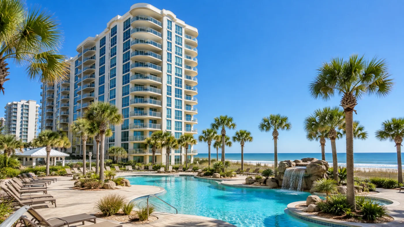 Sunlit Gulf Shores-inspired condominium and resort pool