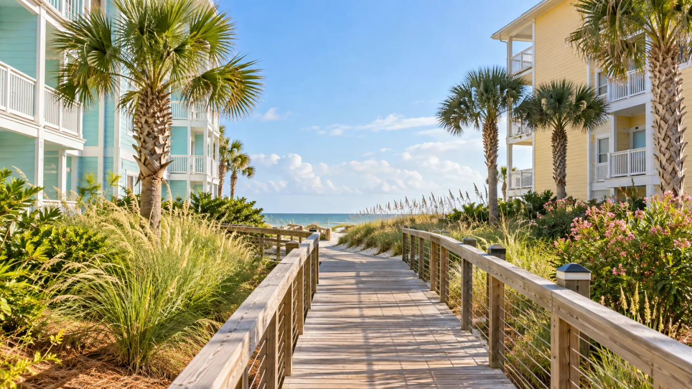 Boardwalk through a Gulf Shores-inspired coastal condominium setting